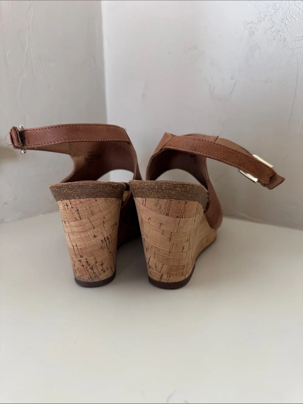 Sofft Tan Brown Leather Cork Wedge Sandals